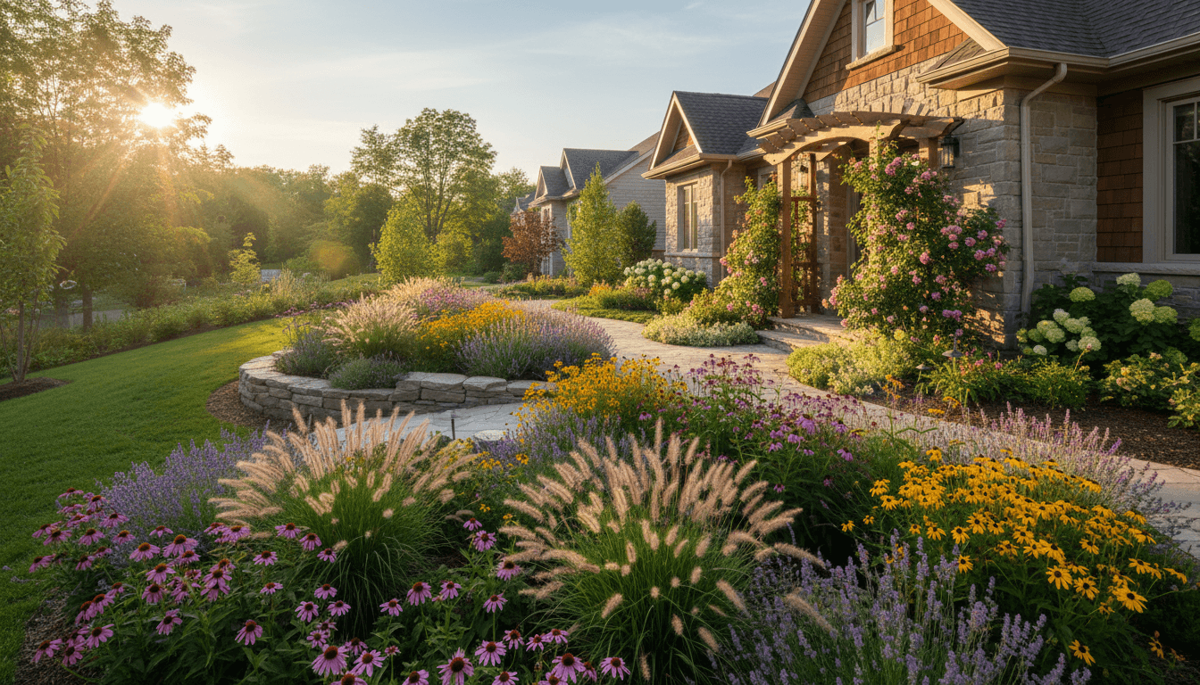Stunning Ottawa garden with lush softscaping, blooming flowers, and welcoming curb appeal