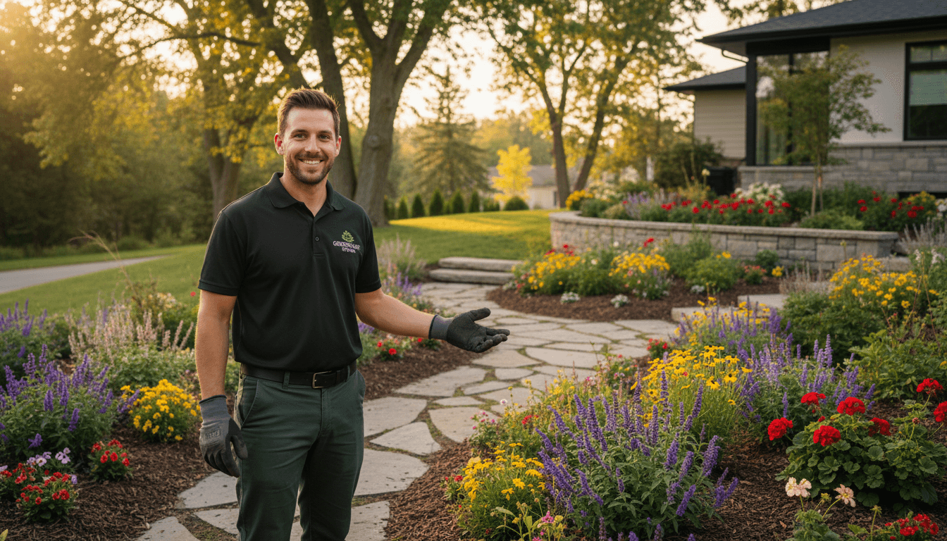 Olmex Services landscaper proudly standing in a transformed Ottawa garden with new plantings and curb appeal