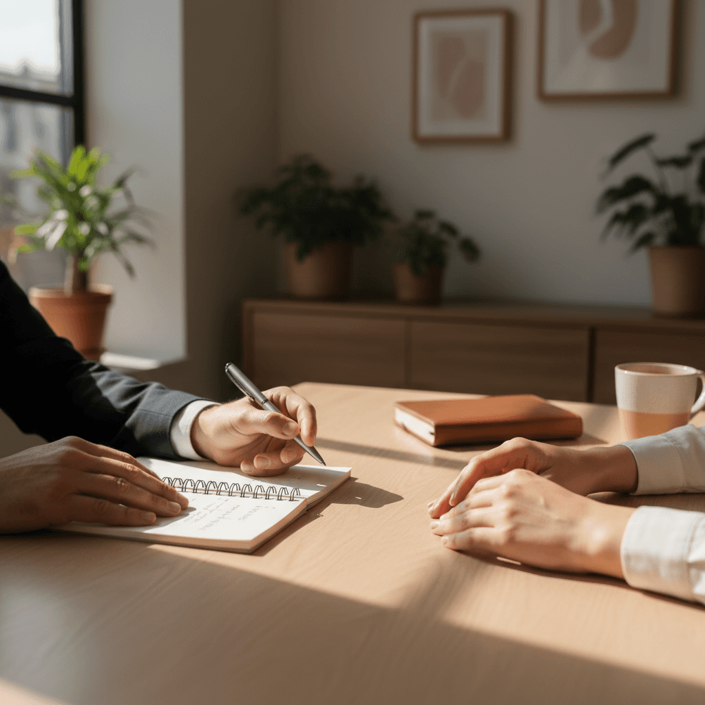 Consultant and client hands meeting over notes during a warm, natural-lit consultation session